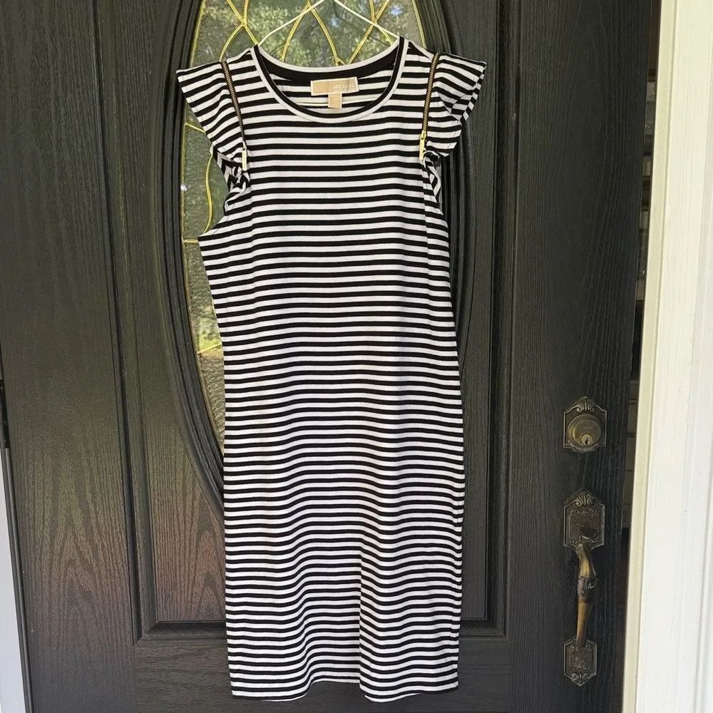 Michael Kors Black and White Striped Midi Dress - XS